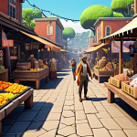 **Image Prompt:** A vibrant and bustling marketplace within an NFT game, showcasing various digital assets (characters, items, virtual land) for sale. Players are actively trading, highlighting the transaction fees revenue model. Use a "play-to-earn" style aesthetic.